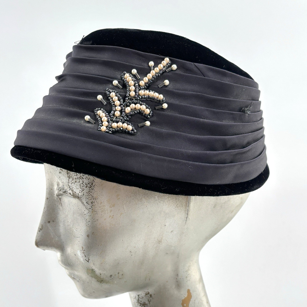 Vtg Black Velvet Satin Tilt Hat Beaded Pearl Cocktail Fascinator Union Made